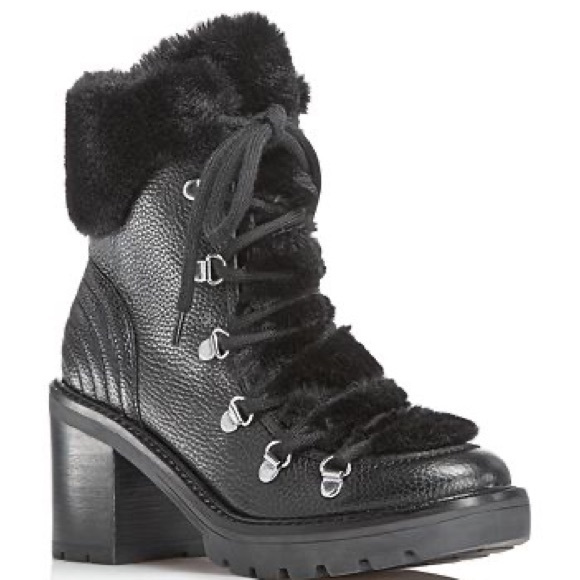 MARC FISHER Daven Leather & Faux-Fur Cuff Lace Up Booties - Picture 1 of 5